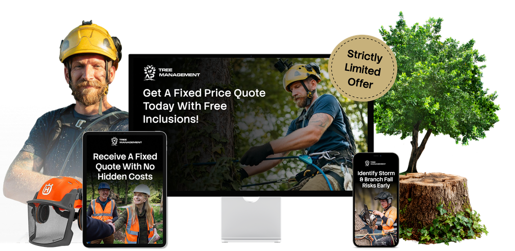 Device mockup showing the Free Hazard Assessment & Stump Grinding service across desktop, tablet and mobile
