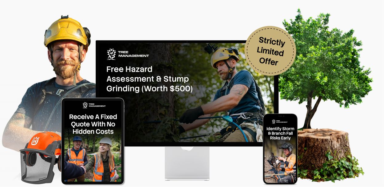 Device mockup showing the Free Hazard Assessment & Stump Grinding service across desktop, tablet and mobile
