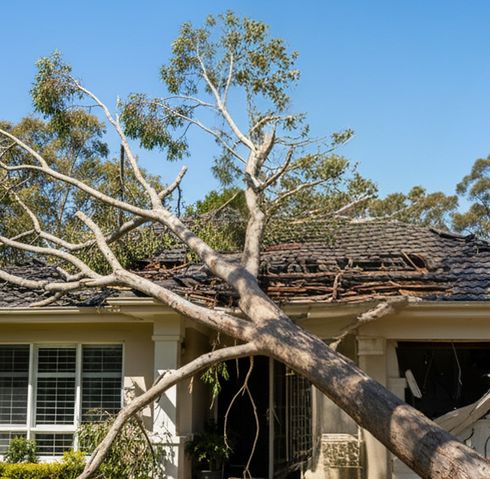Fallen tree branches damaging a house roof — the risk of untreated trees